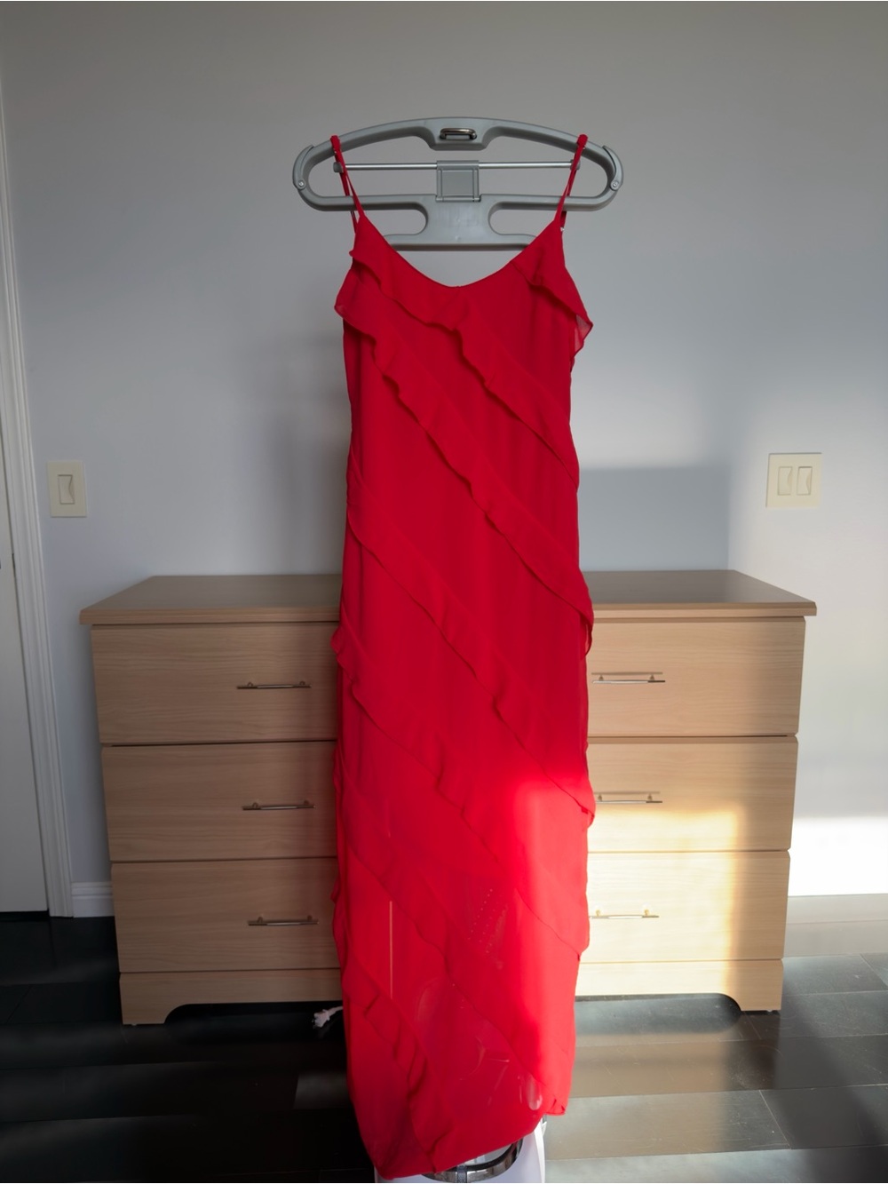 Elegant Red Ruffle Slip Dress - Women